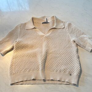 DKNY Cotton Cream Open-Knit Short Sleeve Polo Sweater